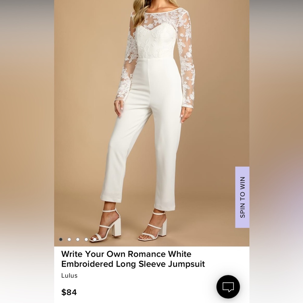 Lulu's Write Your Own Romance White Embroidered Long Sleeve Jumpsuit Size Medium